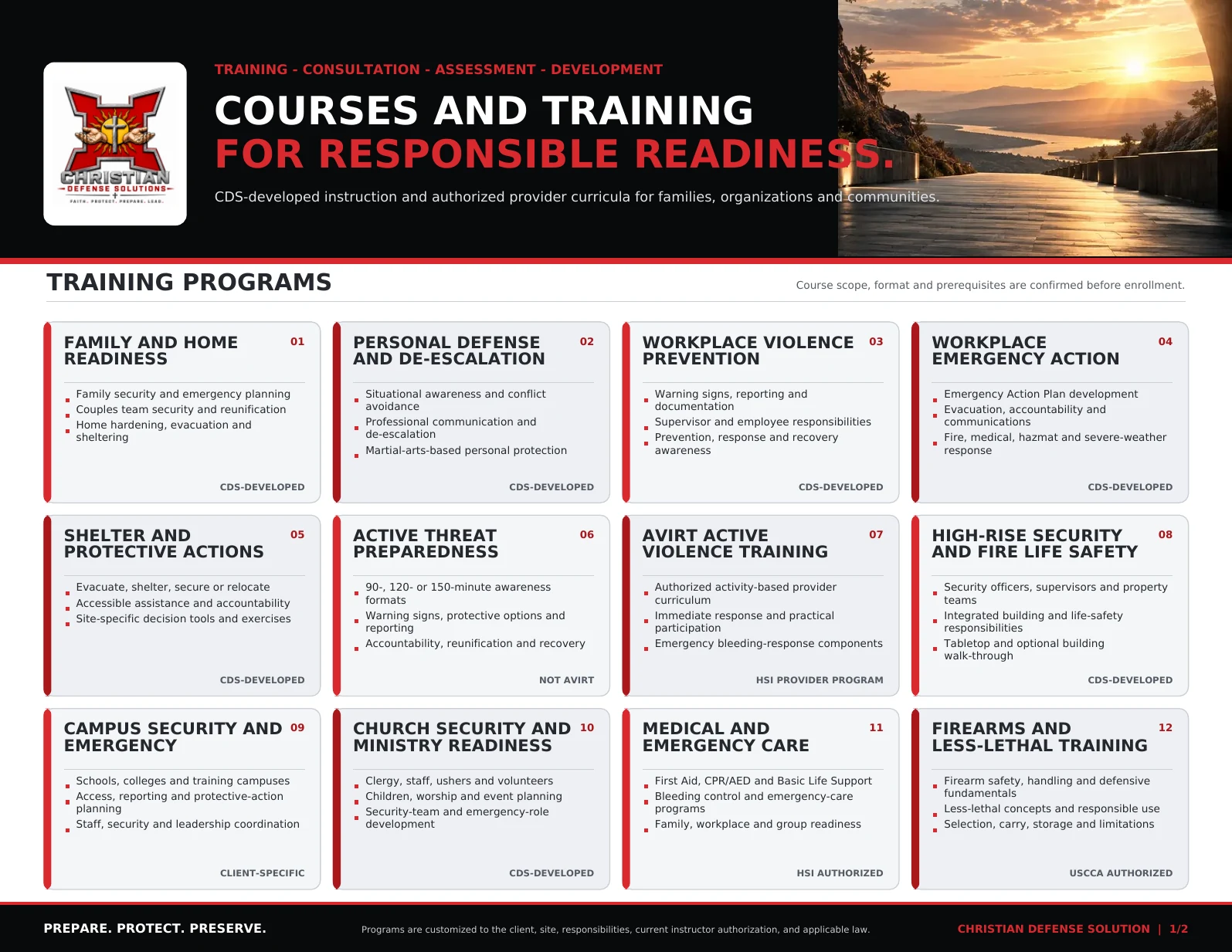 Christian Defense Solution expanded course and services overview featuring family readiness, workplace emergency planning, high-rise, campus and church security, active-threat programs, medical, firearms, less-lethal, assessments, continuity, exercises and plan development