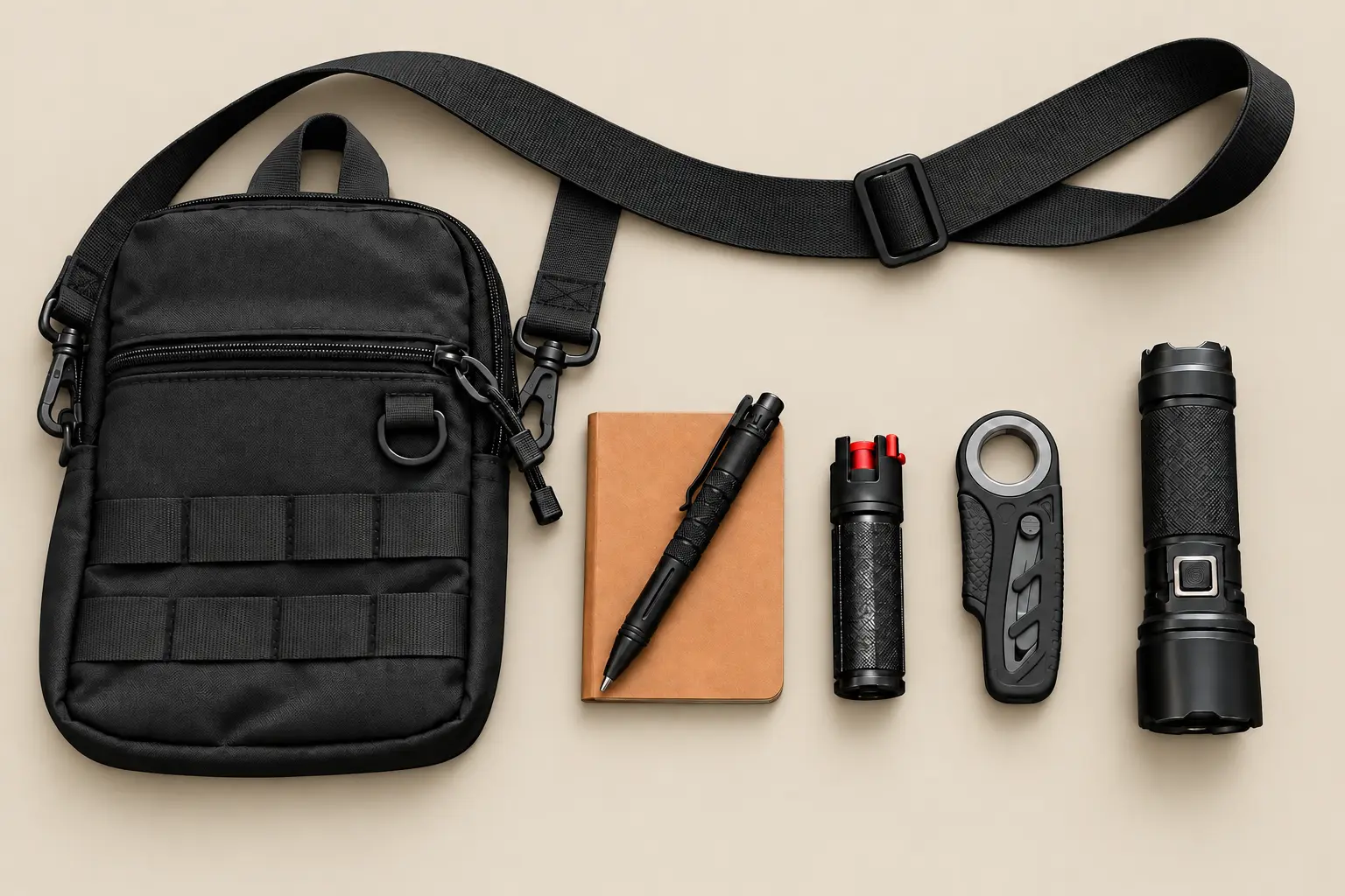 Black CDS EDC sling bag with its shoulder strap displayed across the top, alongside a notebook, tactical pen, pepper spray, black emergency utility cutter, and flashlight