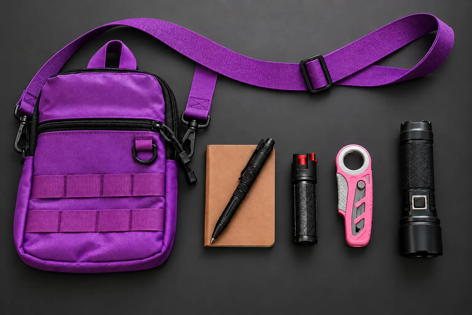 Purple CDS EDC sling bag with its shoulder strap displayed across the top, alongside a notebook, tactical pen, pepper spray, pink emergency utility cutter, and flashlight