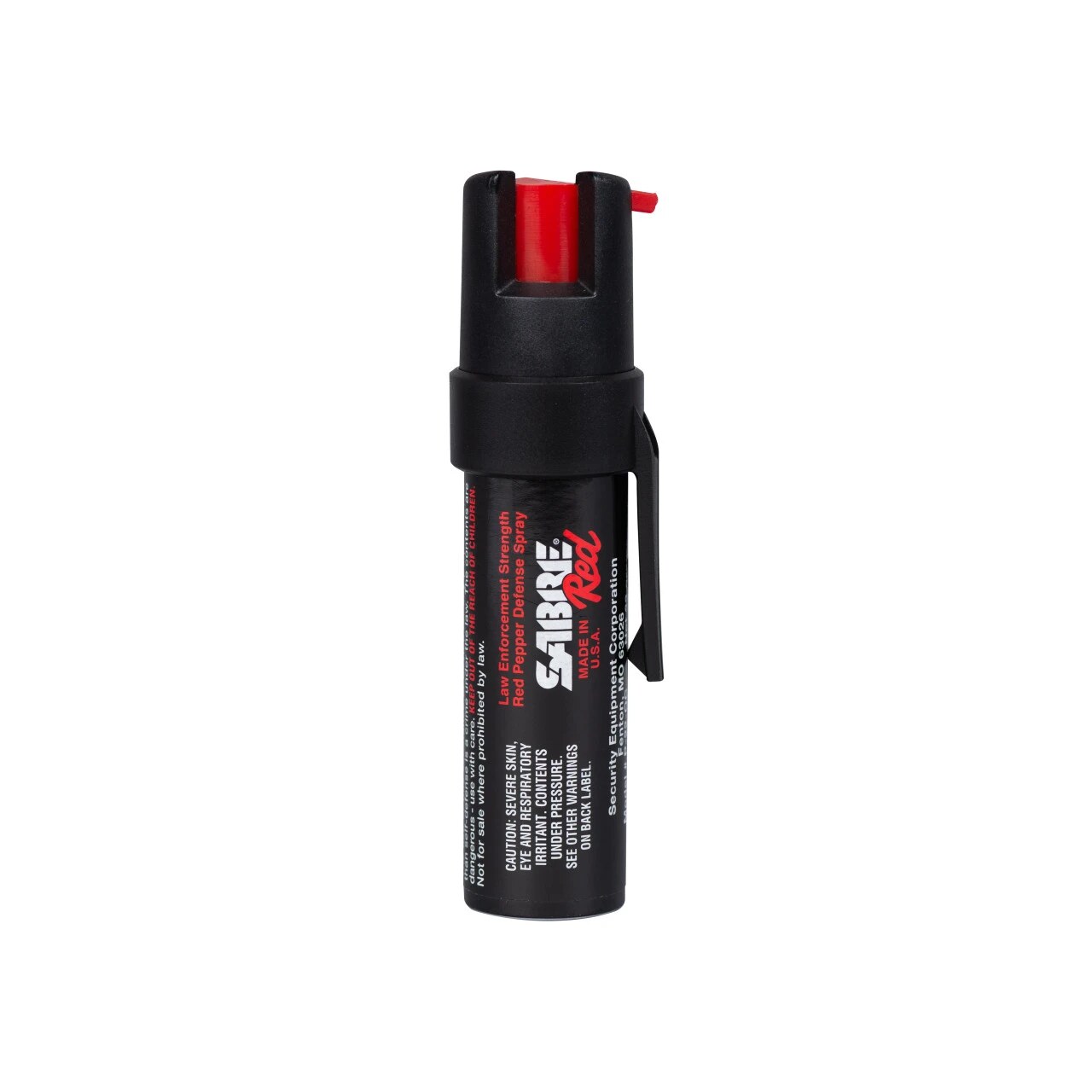 SABRE compact pepper spray canister with attachment clip and twist-lock safety