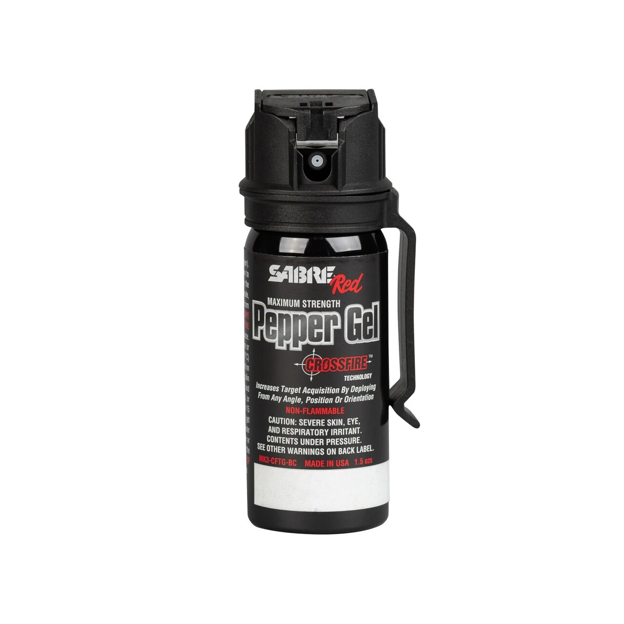 SABRE Crossfire Pepper Gel canister with belt clip and flip-top safety