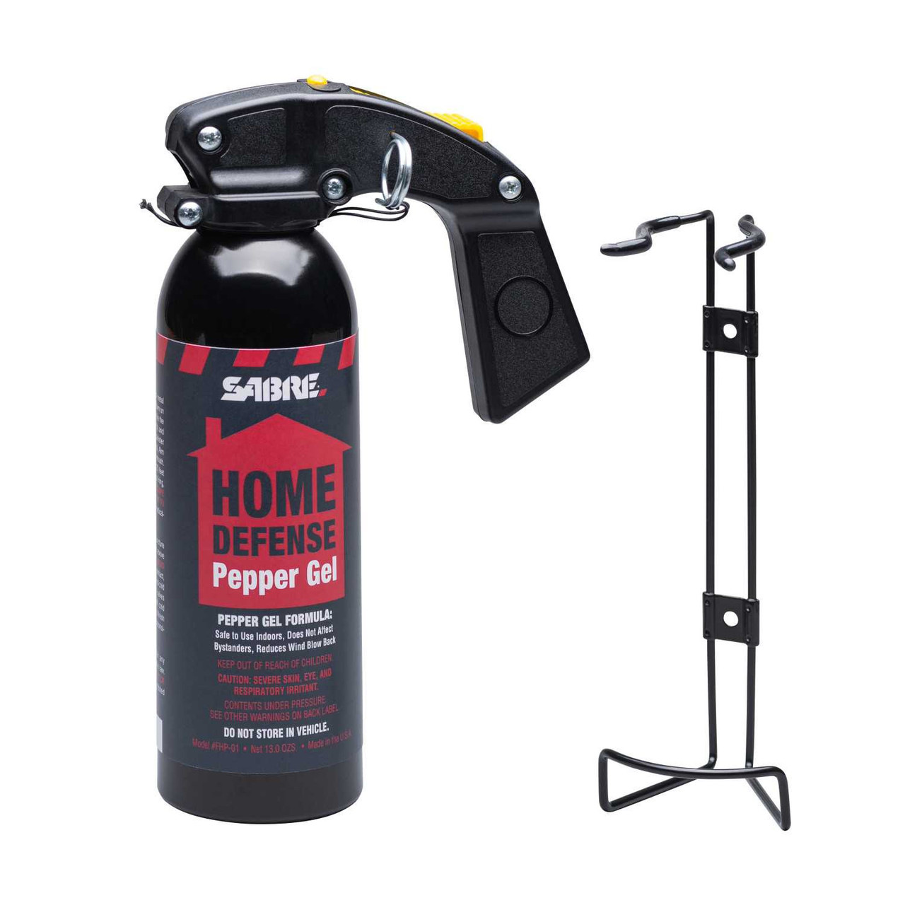 SABRE Home Defense Pepper Gel canister with pistol grip and wall-mount bracket