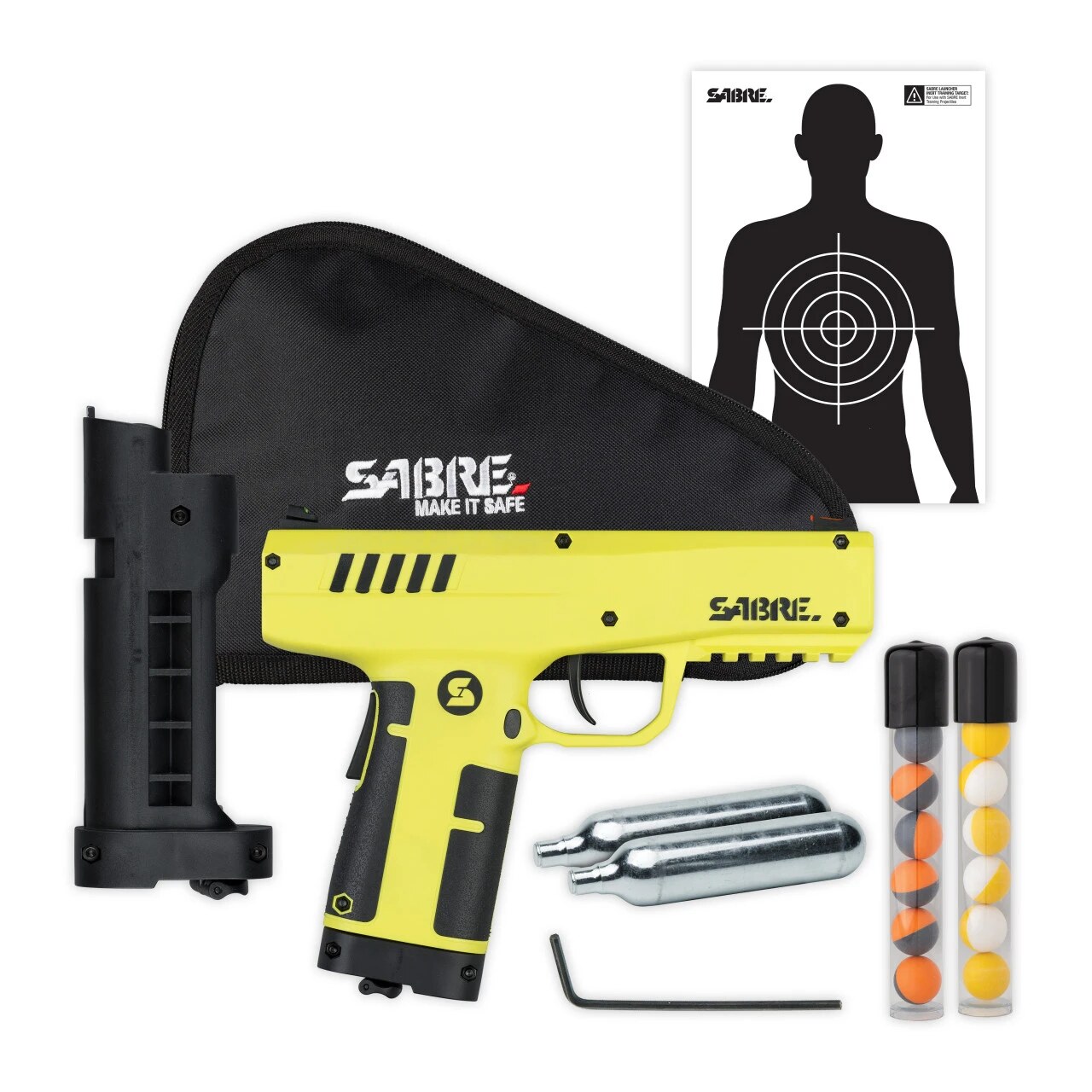 SABRE 0.68 Caliber Home Defense Pepper Projectile Launcher kit with launcher, magazine, projectiles, CO2 cartridges, carry case, target, and Allen wrench