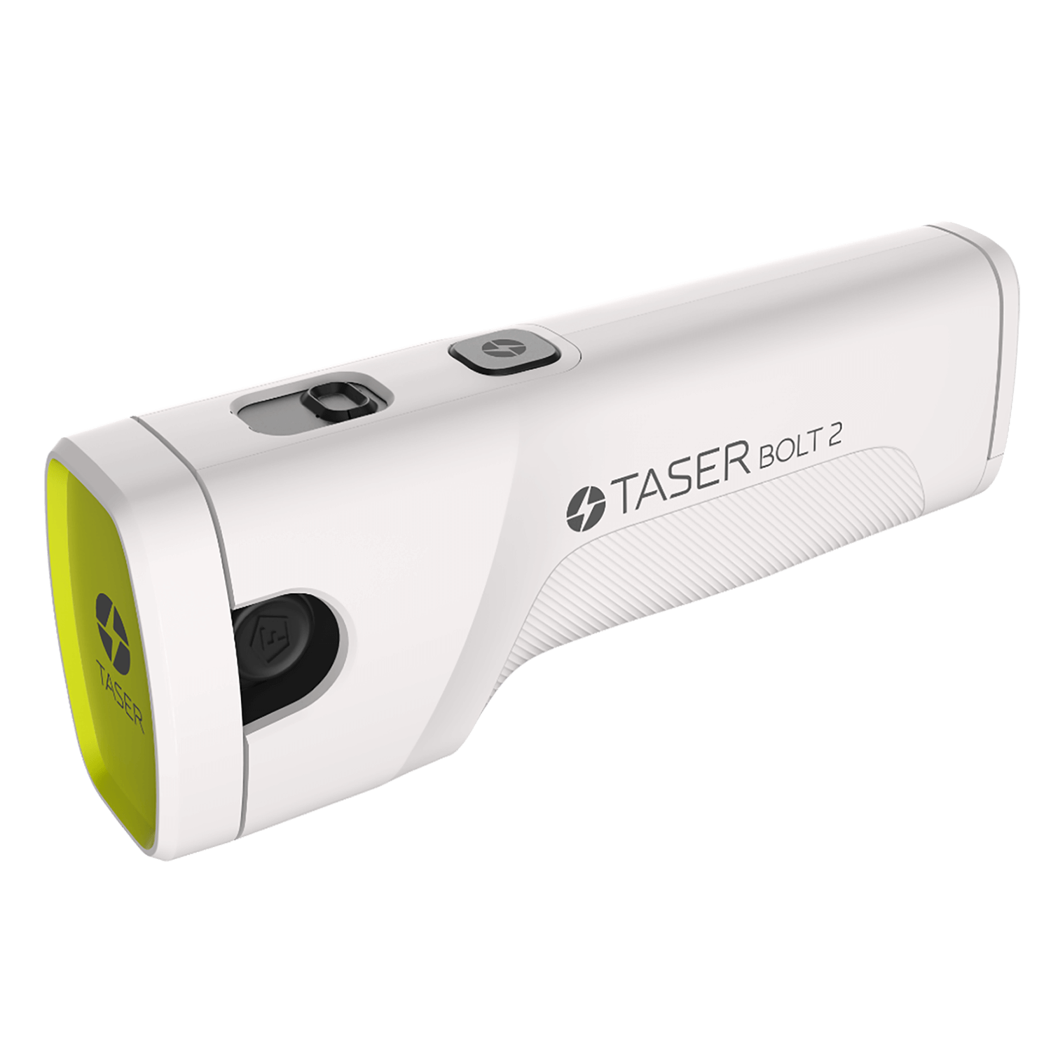 White TASER Bolt 2 less-lethal self-defense device with yellow accents