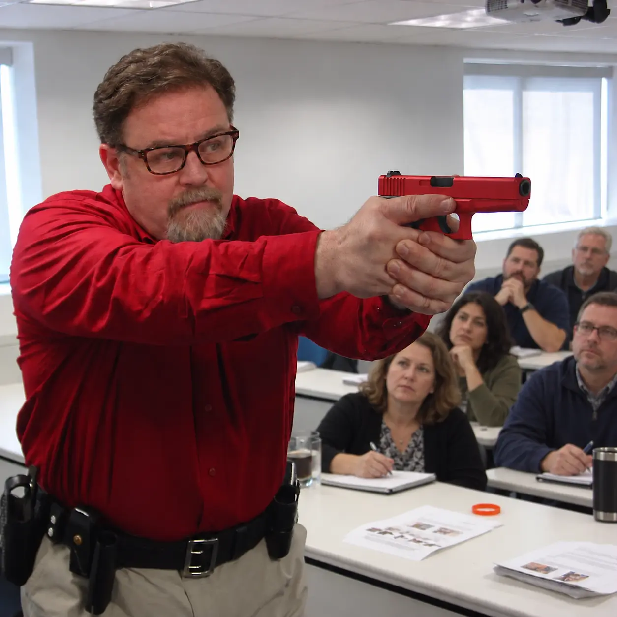 Wesley K. Brown demonstrating a red training handgun during classroom instruction